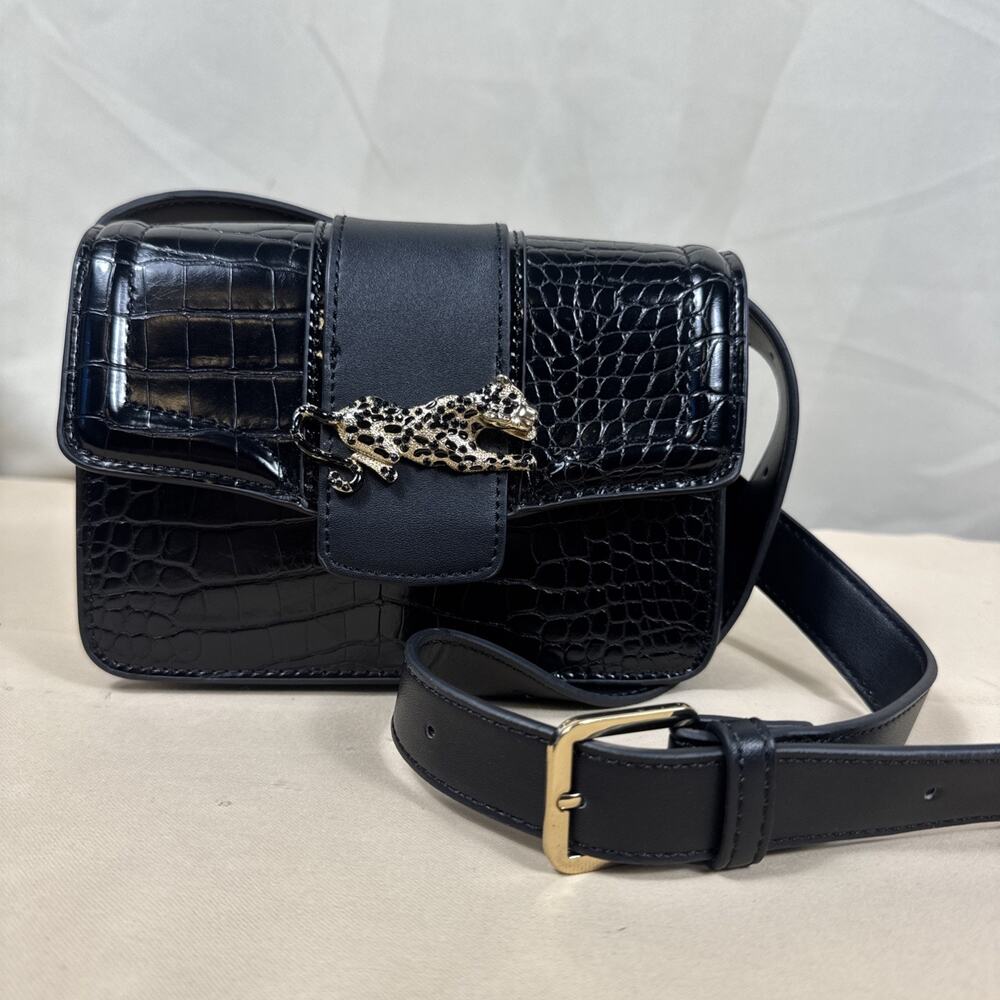 Topshop Black Croc Embossed Bag Gold Leopard Clasp Y2K Statement Purse Belt Bag